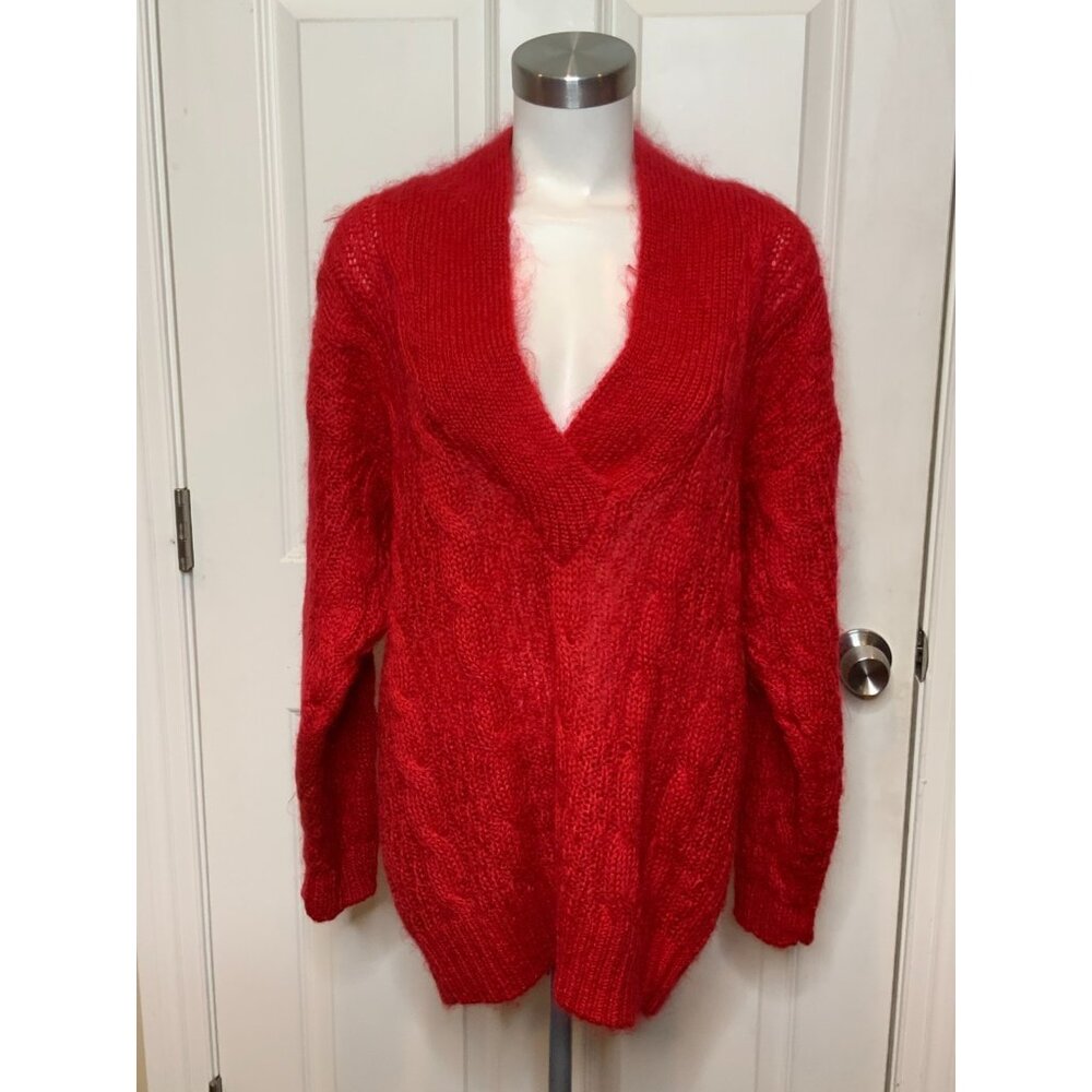 Field Gear Vintage Marshall Field's Red Mohair V-Neck Cable Knit Sweater, Size S